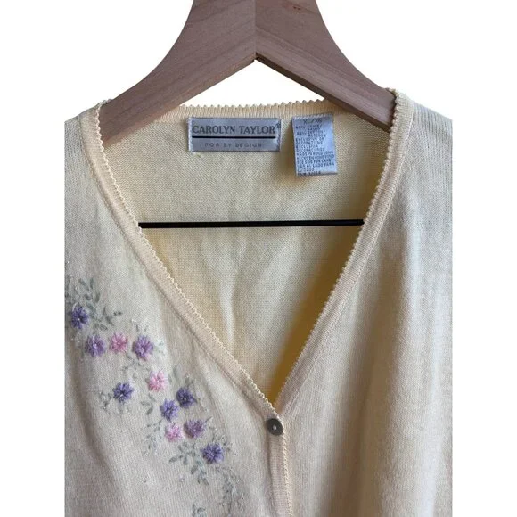 Yellow Needlepoint Beaded Floral Embroidery Cardigan Sweater XL - Picture 4 of 5